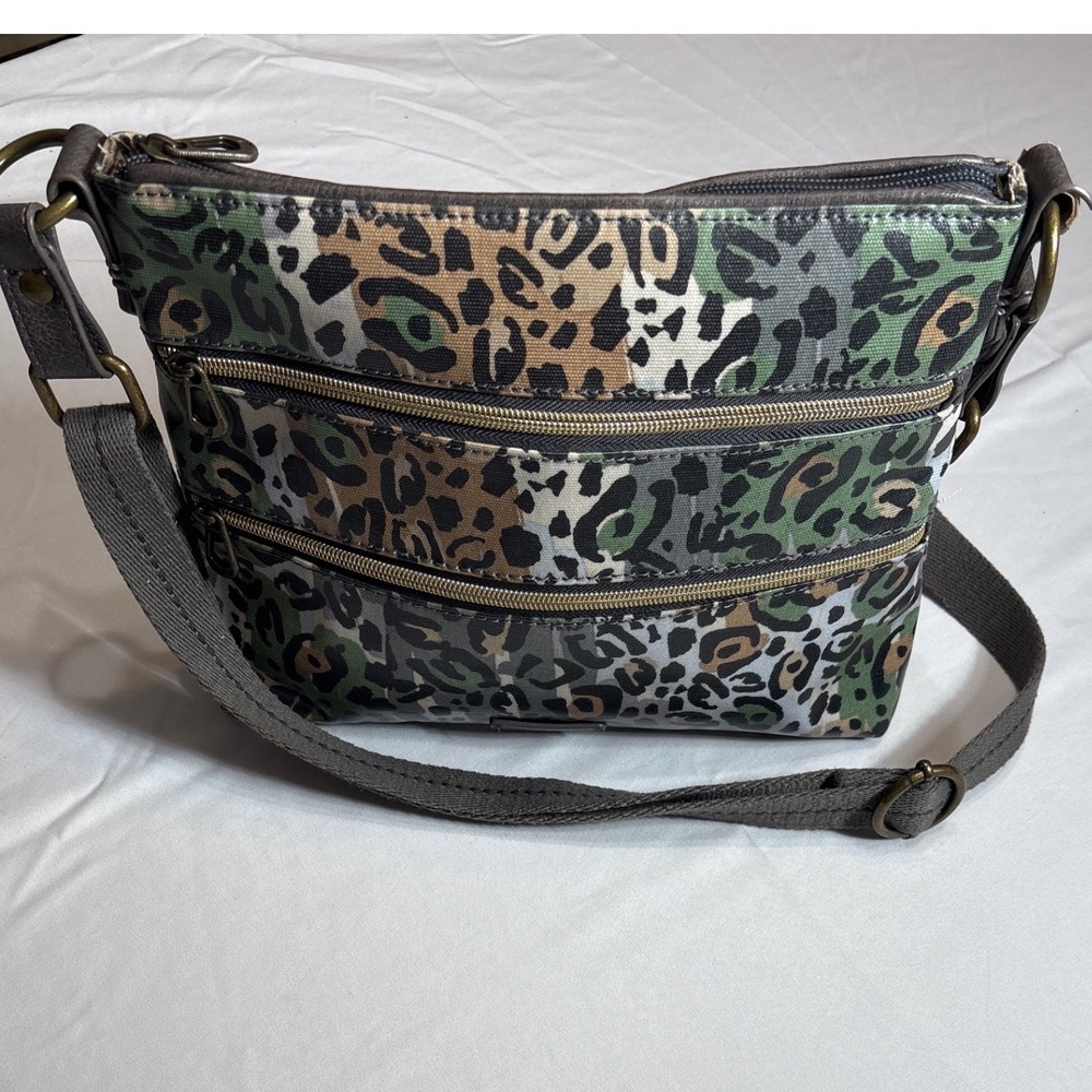 Sakroots Leopard Print Coated Canvas Crossbody Bag Green Tan Grey Messenger